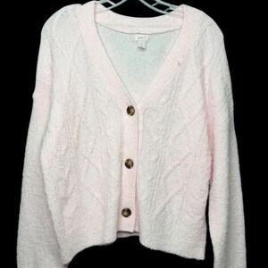 Auden Women's Diamond Cable Knit Cozy Button Up Cardigan Sweater Light Pink Sz M
